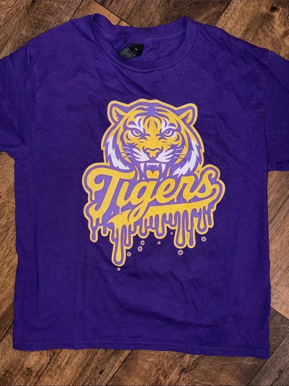 Youth Medium Gildan Purple Tee with Yellow Tiger Graphic